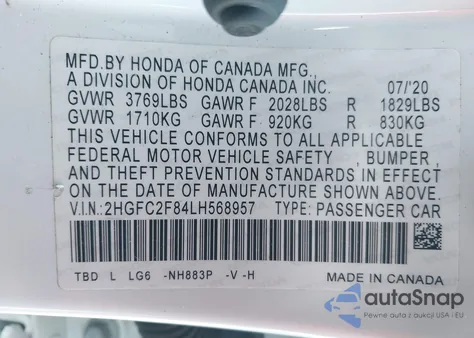 2020 Honda Civic Sport from USA, damaged, VIN 2HGFC2F84LH568957